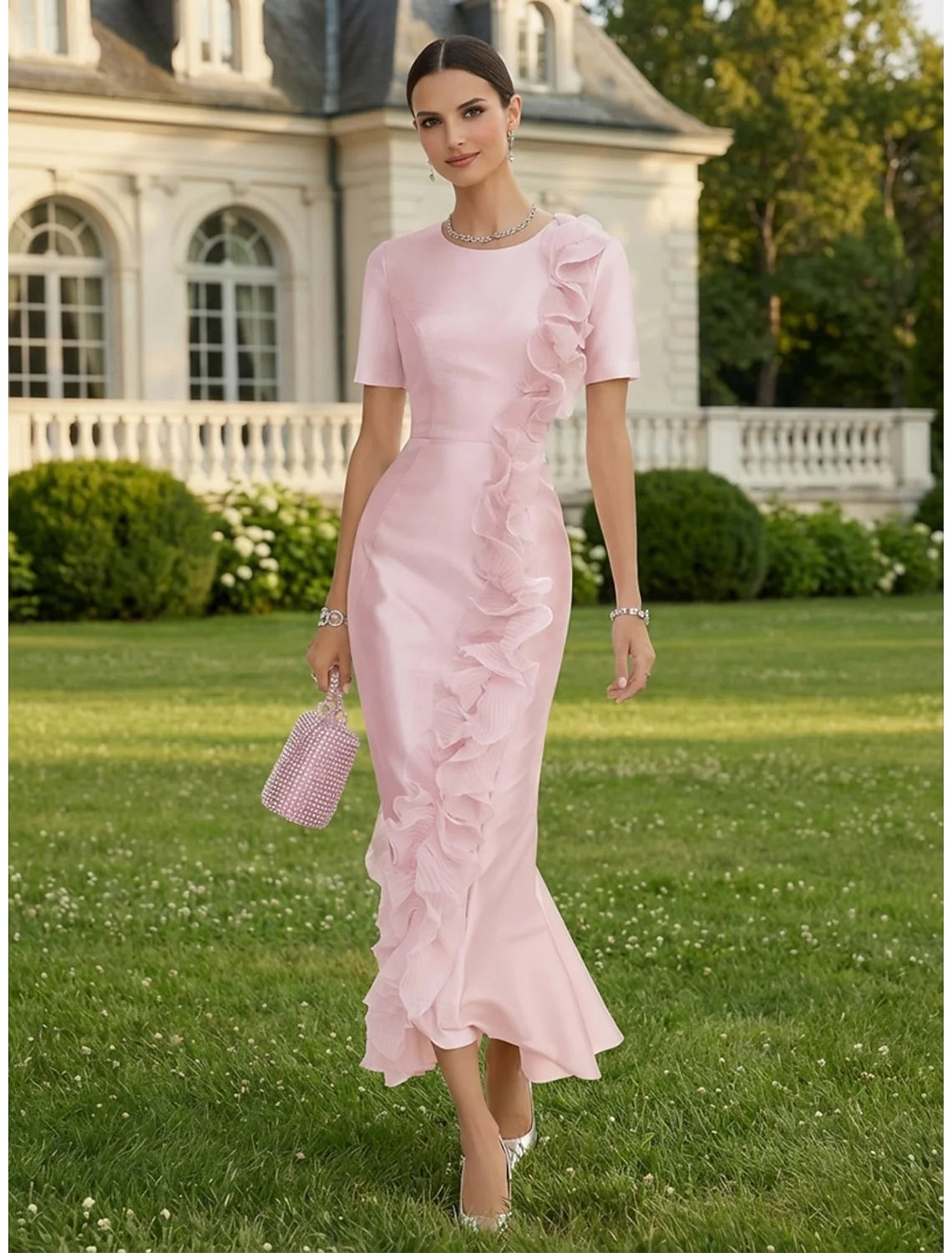 Elegant Mermaid Jewel Neck Short Sleeve Ruffled Blush Pink Midi Evening Dress Gown