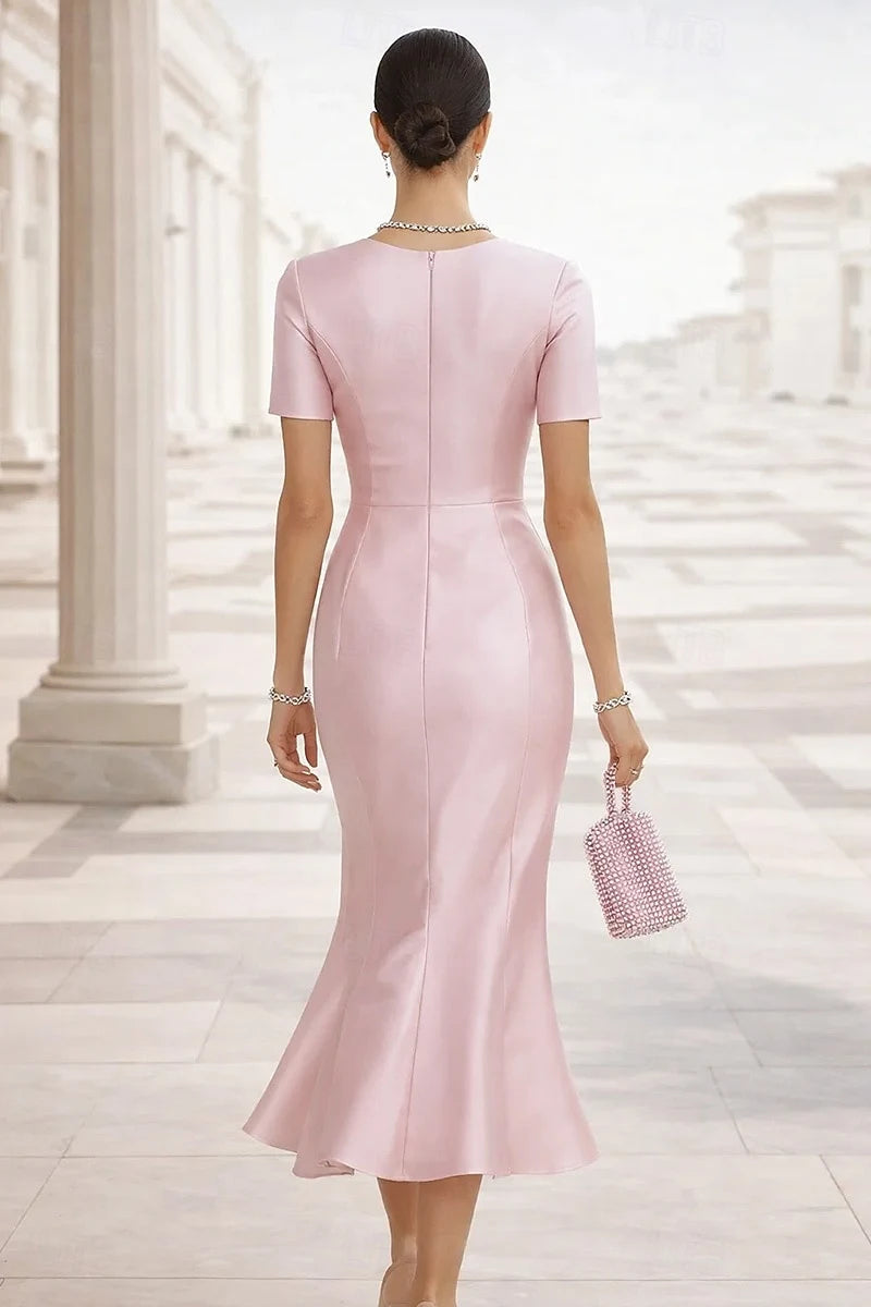 Elegant Mermaid Jewel Neck Short Sleeve Ruffled Blush Pink Midi Evening Dress Gown