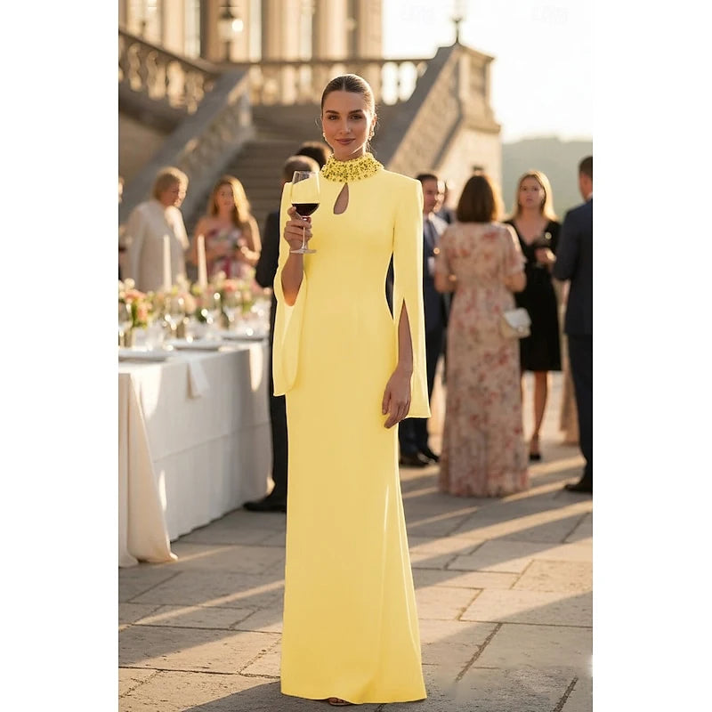 Elegant Mermaid Keyhole Cape Sleeve Beaded Yellow Floor-Length Evening Dress