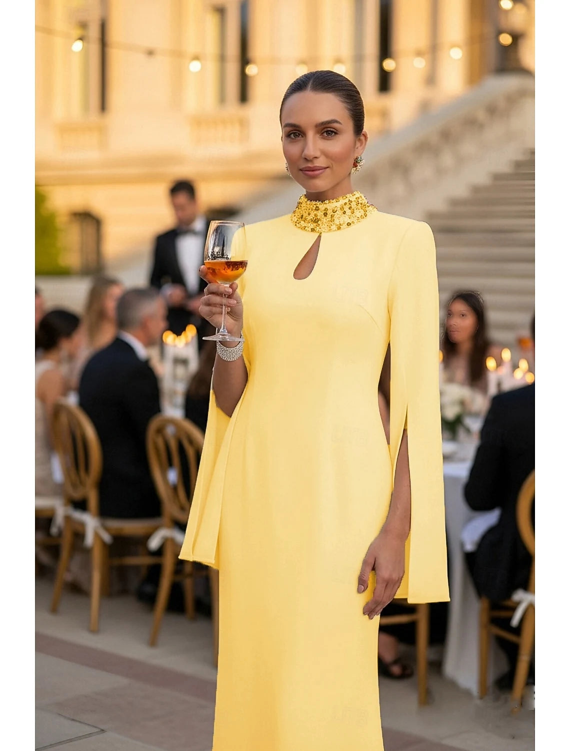 Elegant Mermaid Keyhole Cape Sleeve Beaded Yellow Floor-Length Evening Dress