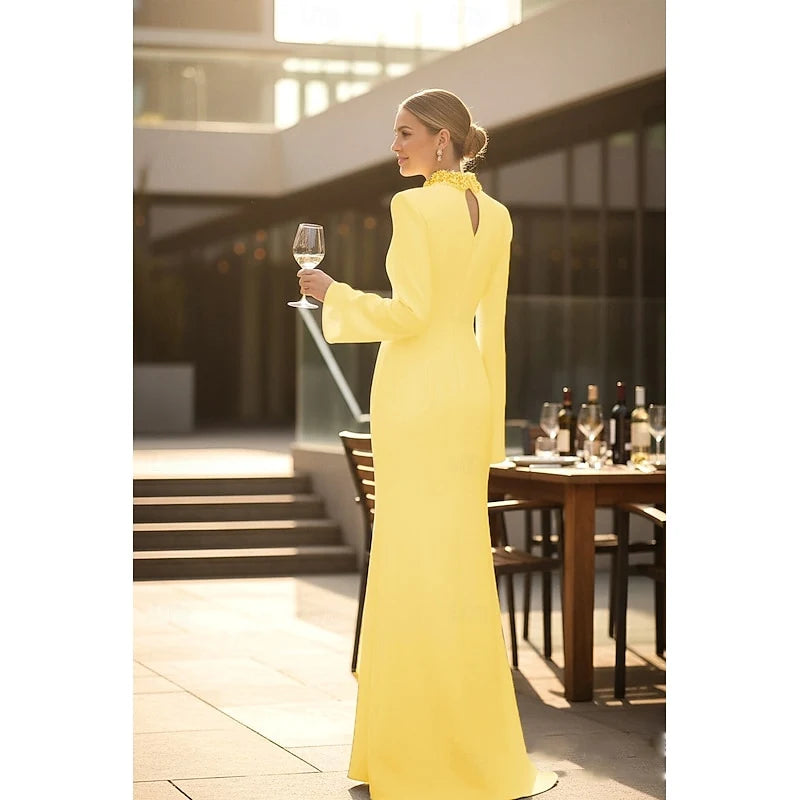 Elegant Mermaid Keyhole Cape Sleeve Beaded Yellow Floor-Length Evening Dress