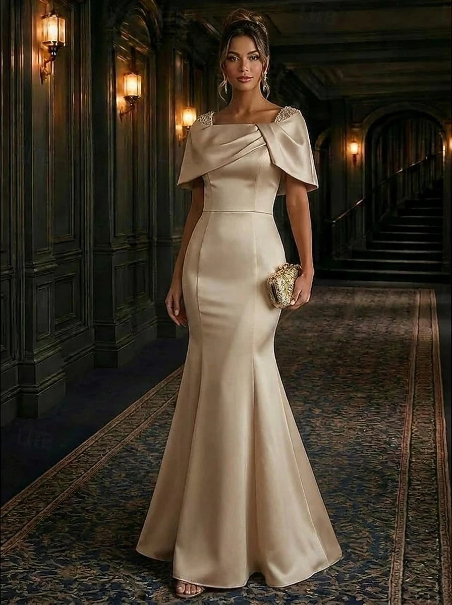 Elegant Mermaid Off-Shoulder Beaded Champagne Floor-Length Evening Gown