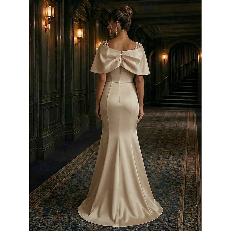 Elegant Mermaid Off-Shoulder Beaded Champagne Floor-Length Evening Gown