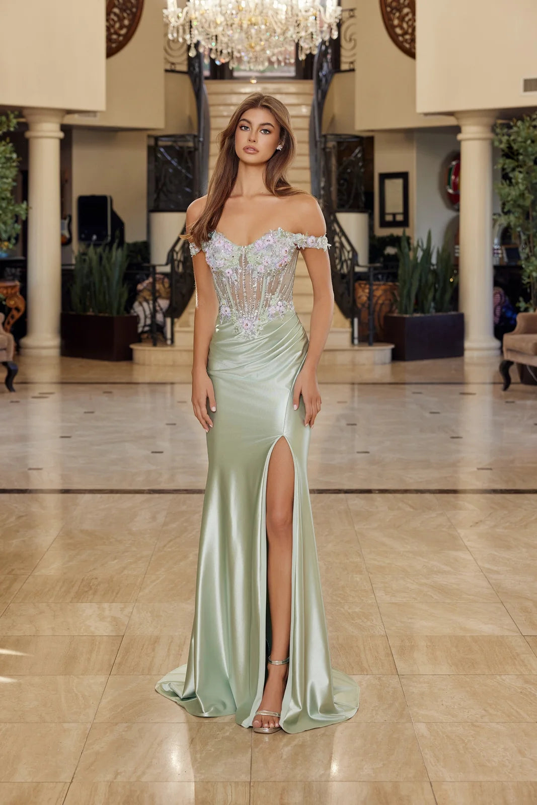 Elegant Mermaid Off-Shoulder Beaded Slit Mint Green Floor-Length Prom Gown