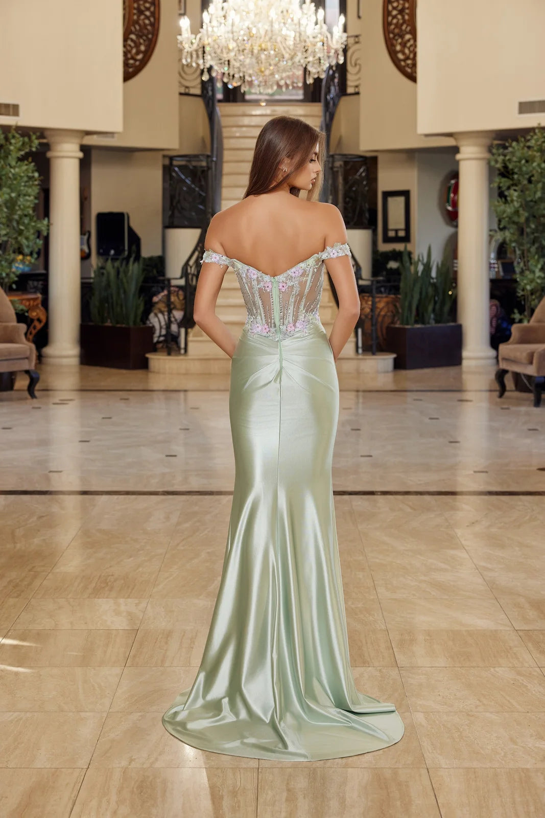 Elegant Mermaid Off-Shoulder Beaded Slit Mint Green Floor-Length Prom Gown