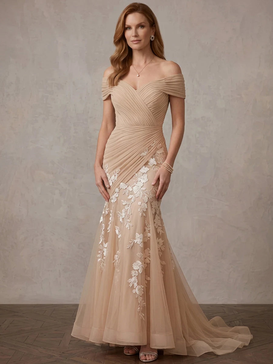 Elegant Mermaid Off-Shoulder Cap-Sleeve Ruched Applique Champagne Maxi Mother-Of-The-Bride Women Gown