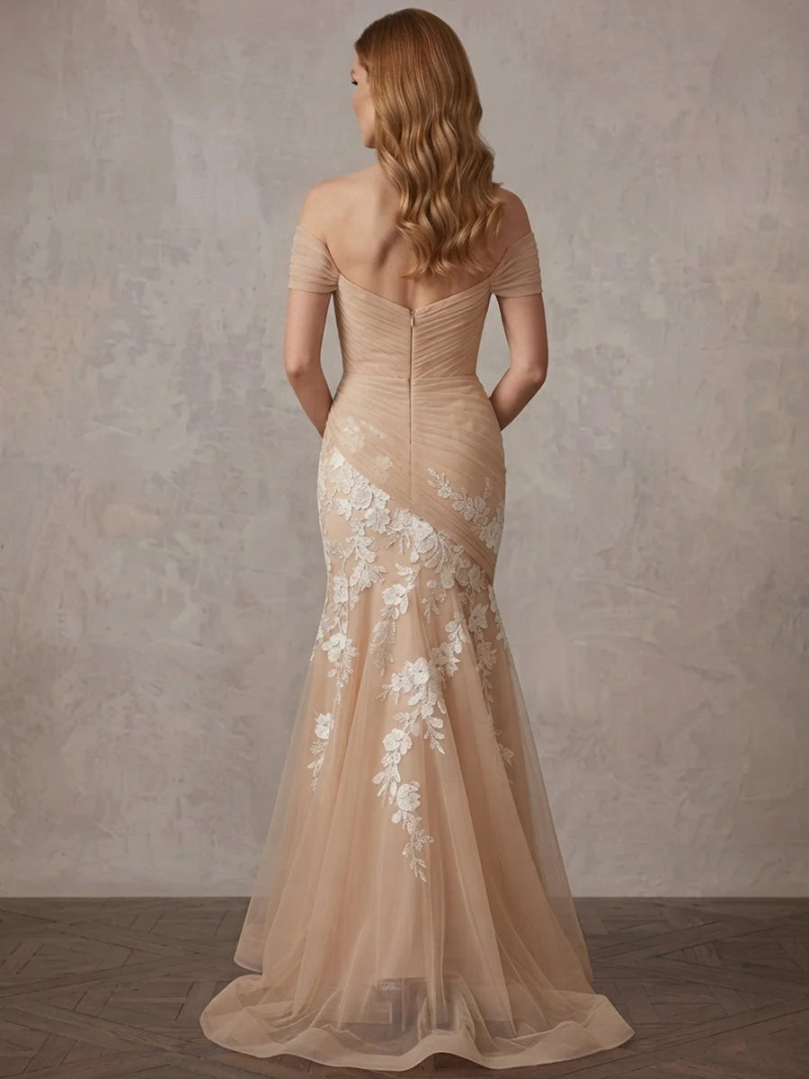 Elegant Mermaid Off-Shoulder Cap-Sleeve Ruched Applique Champagne Maxi Mother-Of-The-Bride Women Gown