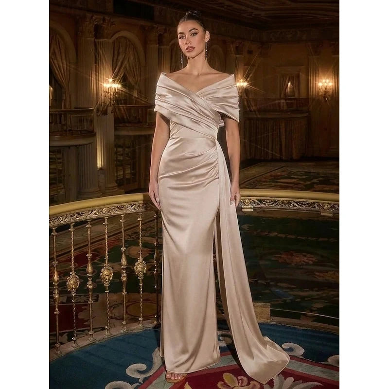 Elegant Mermaid Off-Shoulder Draped Slit Champagne Floor-Length Women's Evening Dresses Gown