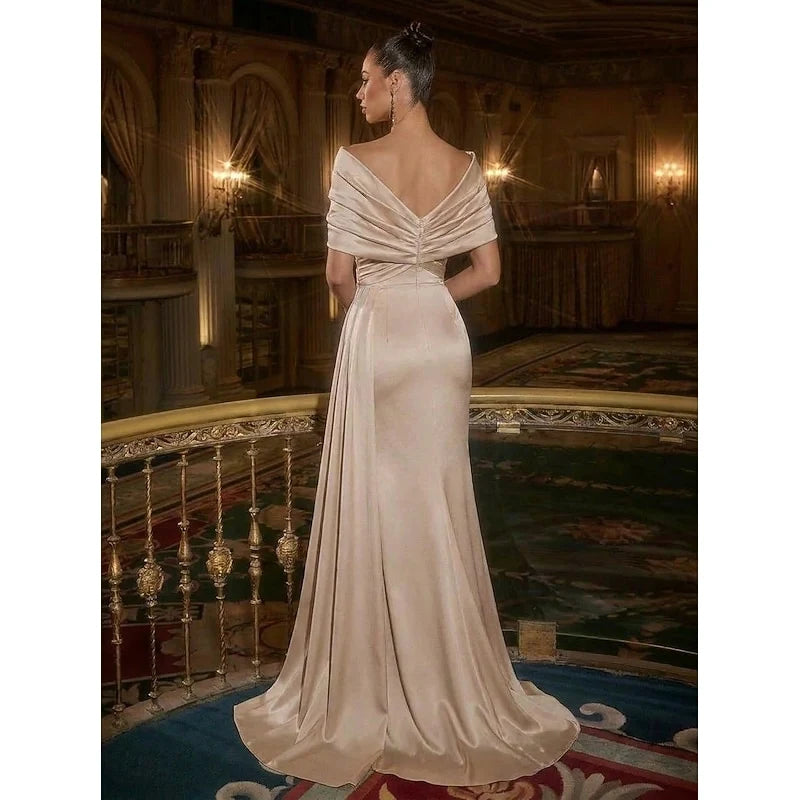 Elegant Mermaid Off-Shoulder Draped Slit Champagne Floor-Length Women's Evening Dresses Gown