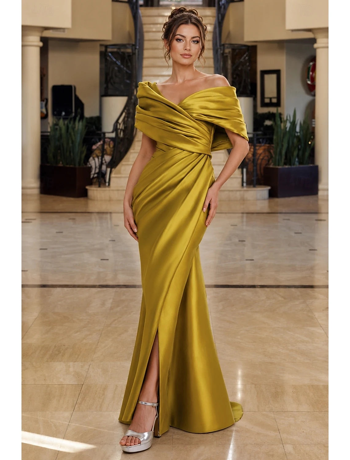 Elegant Mermaid Off-Shoulder Draped Slit Olive Floor-Length Evening Dresses Gown