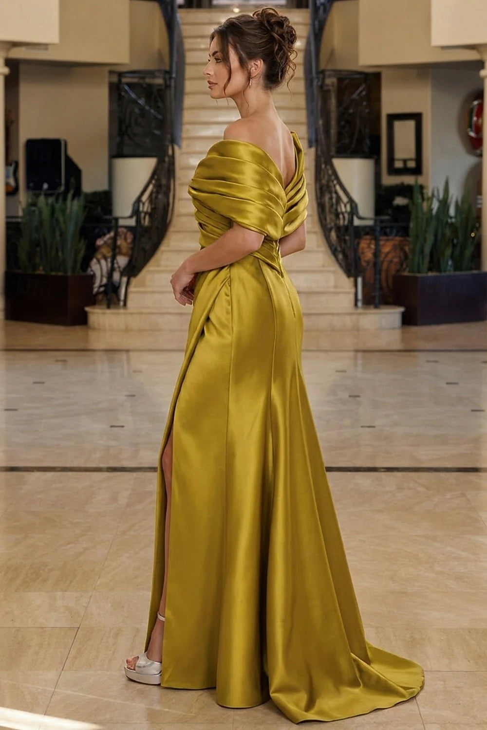 Elegant Mermaid Off-Shoulder Draped Slit Olive Floor-Length Evening Dresses Gown