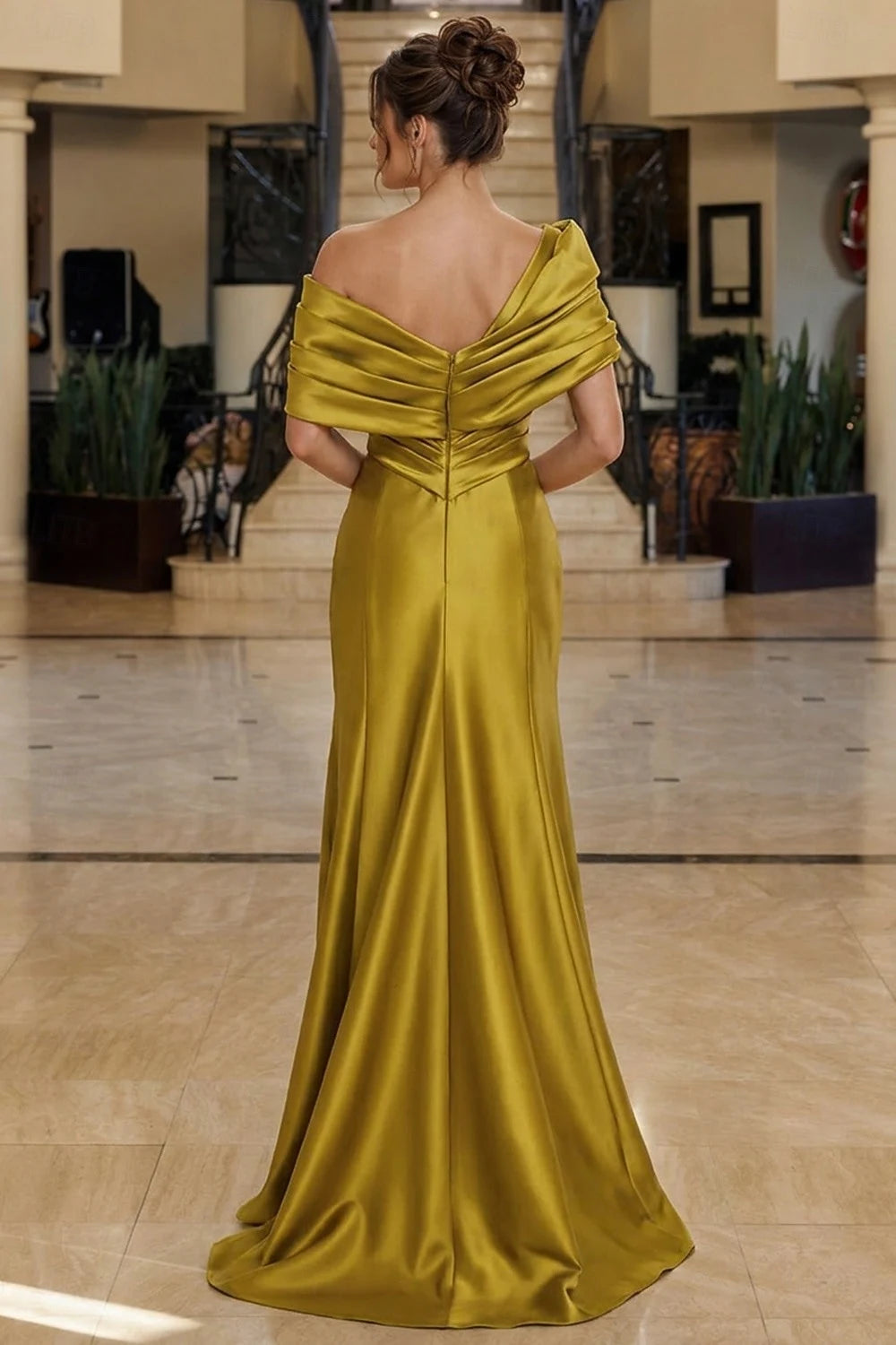 Elegant Mermaid Off-Shoulder Draped Slit Olive Floor-Length Evening Dresses Gown