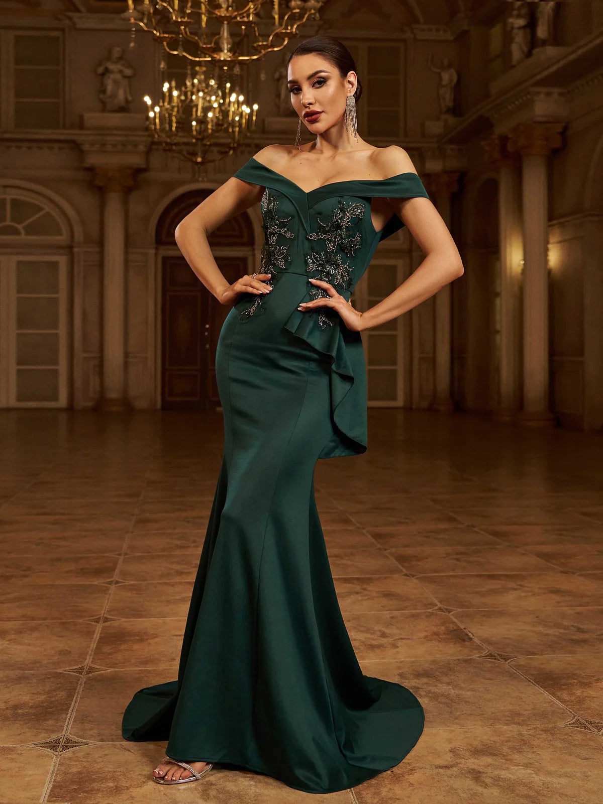Elegant Mermaid Off-Shoulder Embroidered Ruffled Emerald Green Floor-Length Prom Dresses Gown