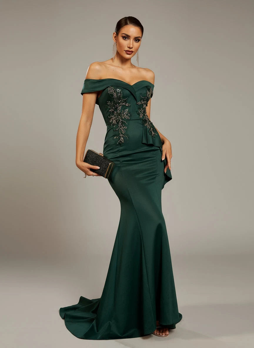 Elegant Mermaid Off-Shoulder Embroidered Ruffled Emerald Green Floor-Length Prom Dresses Gown
