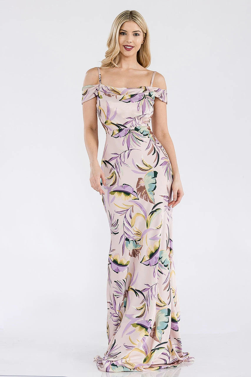 Elegant Mermaid Off-Shoulder Floral Print Blush Floor-Length Prom Dress Women Gown