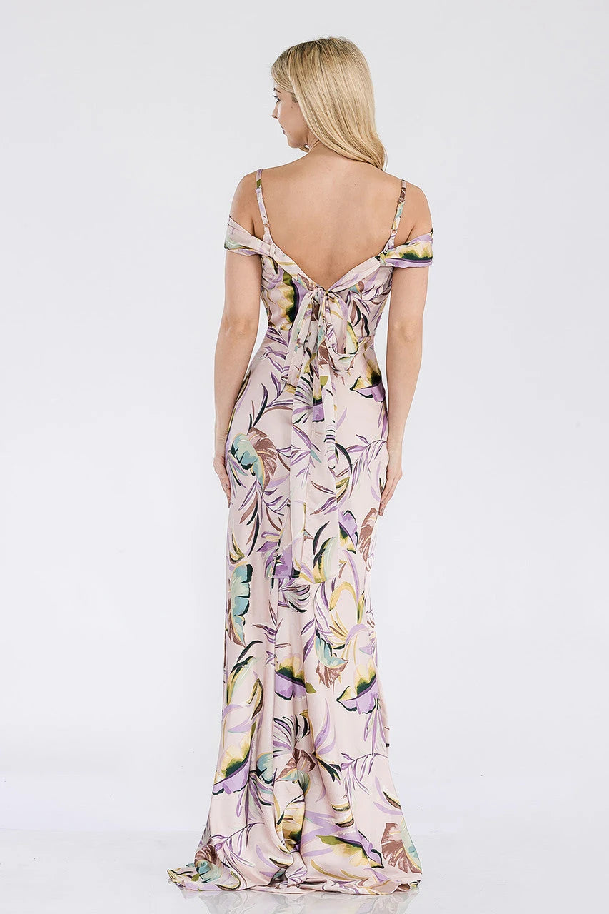 Elegant Mermaid Off-Shoulder Floral Print Blush Floor-Length Prom Dress Women Gown