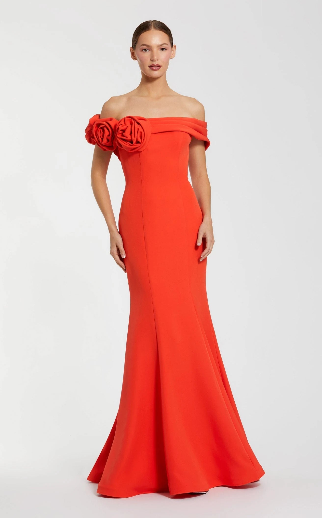 Elegant Mermaid Off-Shoulder Floral Vibrant Red Floor-Length Prom Gown Women