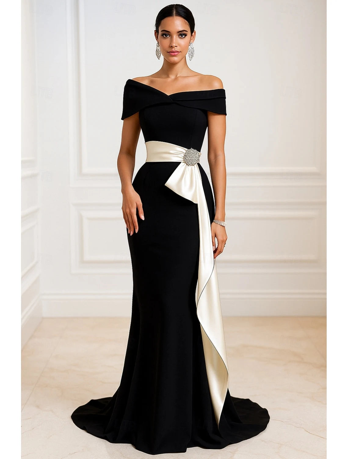 Elegant Mermaid Off-Shoulder Glamorous Two-Tone Black Floor-Length Evening Dresses Women's Gown