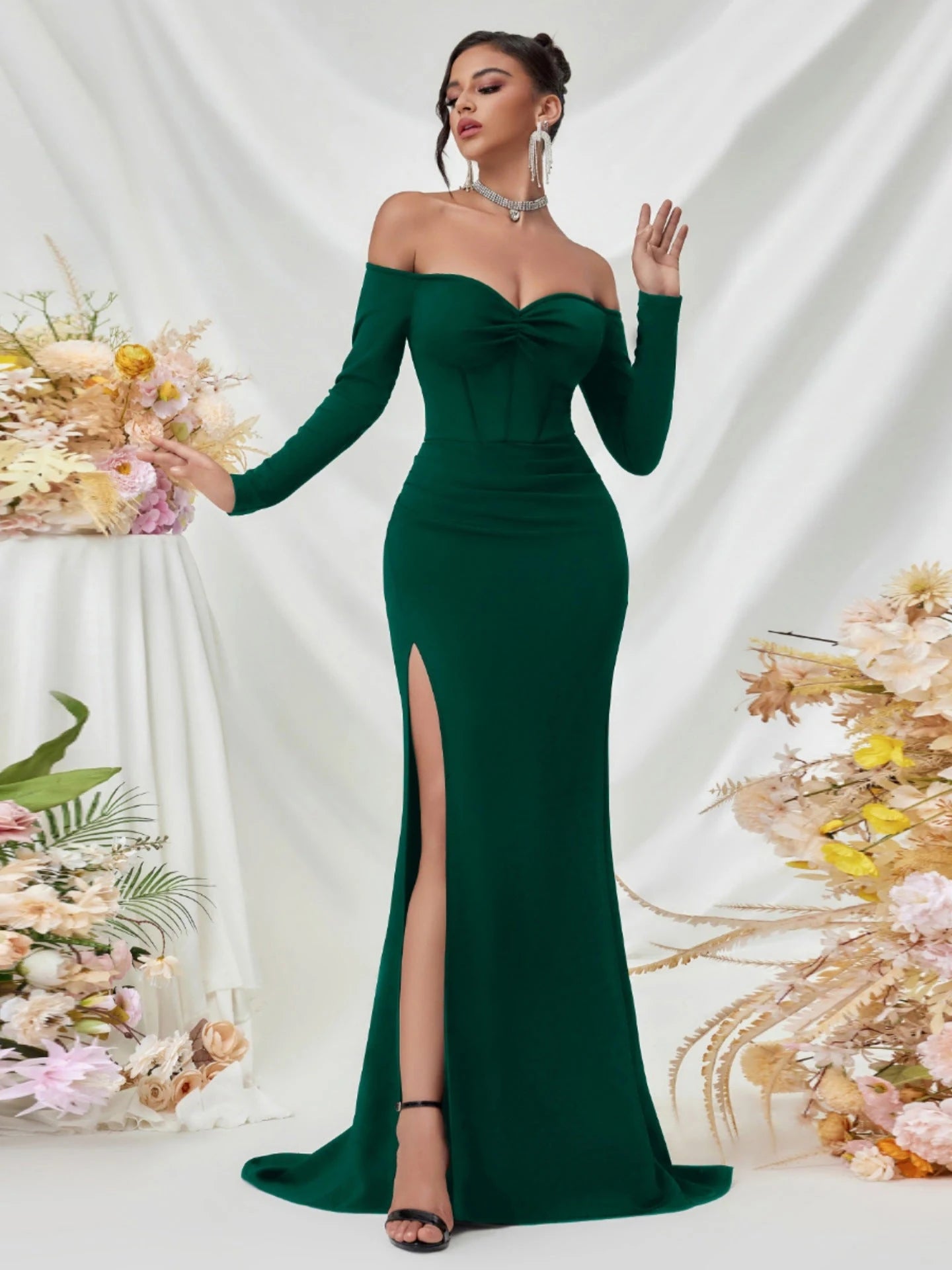Elegant Mermaid Off-Shoulder Long Sleeve Glamorous Forest Green Floor-Length Prom Dress Women's Gown