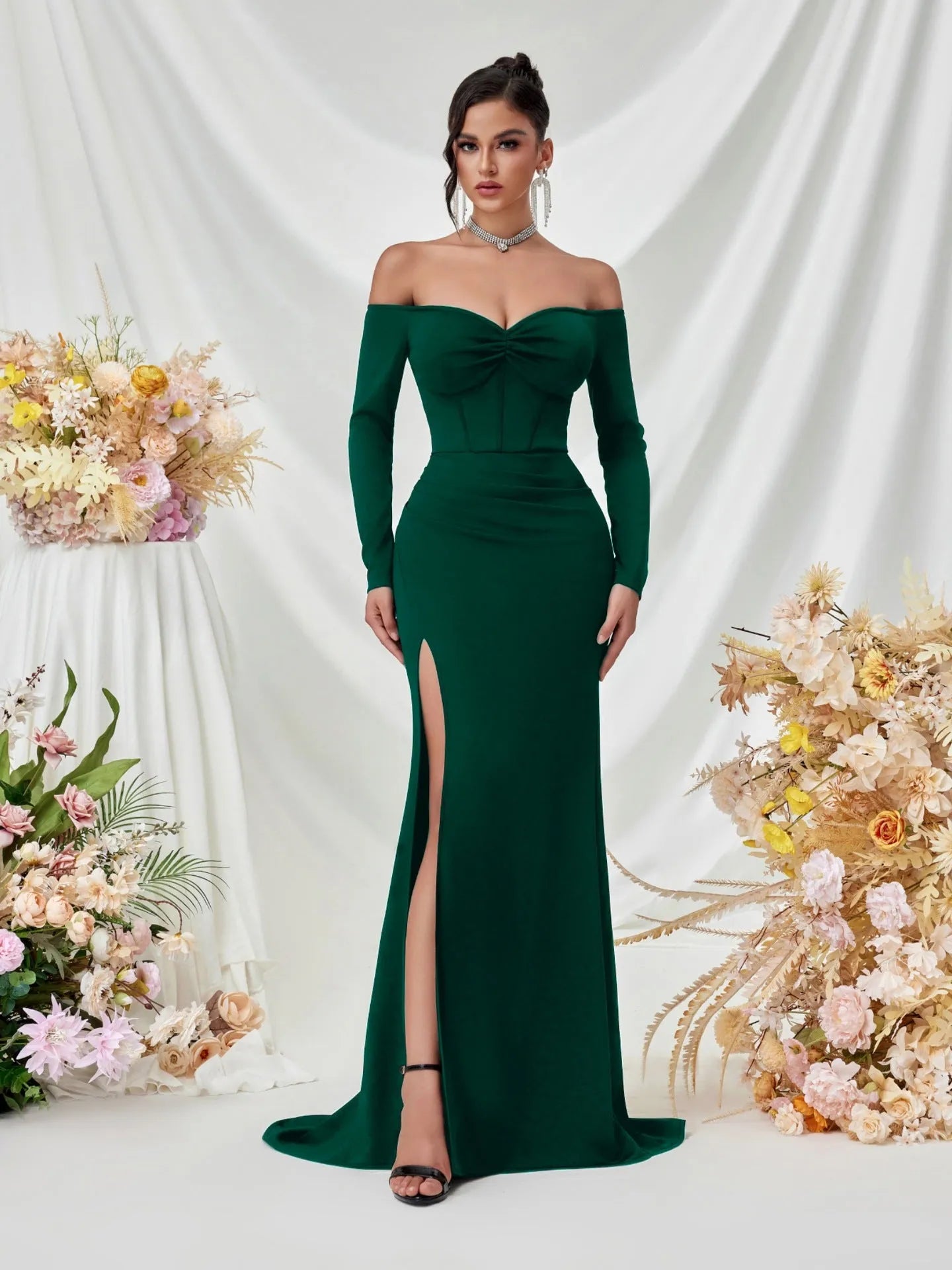 Elegant Mermaid Off-Shoulder Long Sleeve Glamorous Forest Green Floor-Length Prom Dress Women's Gown