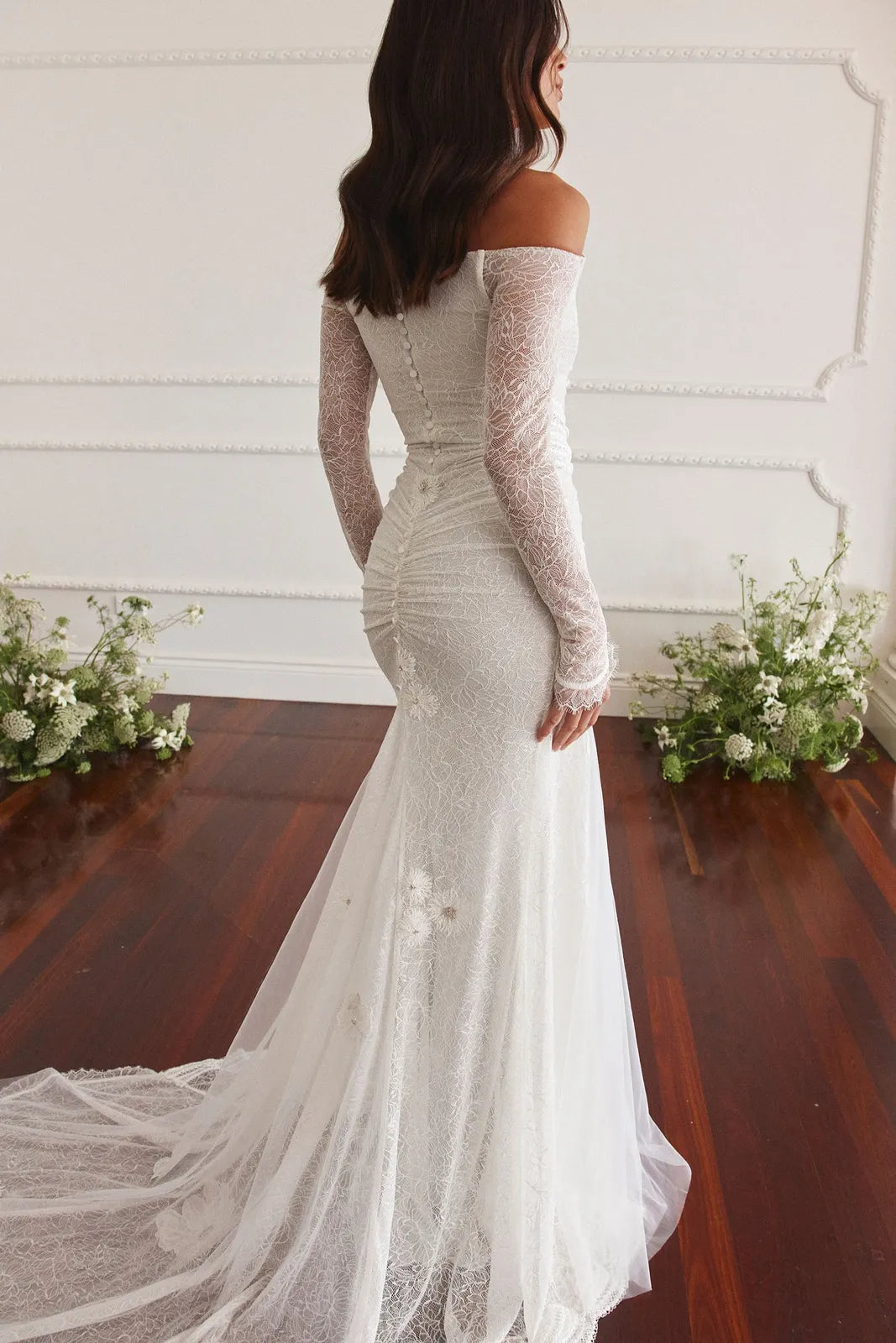 Elegant Mermaid Off-Shoulder Long Sleeve Romantic Ivory Floor-Length Wedding Dresses Bridal Gown