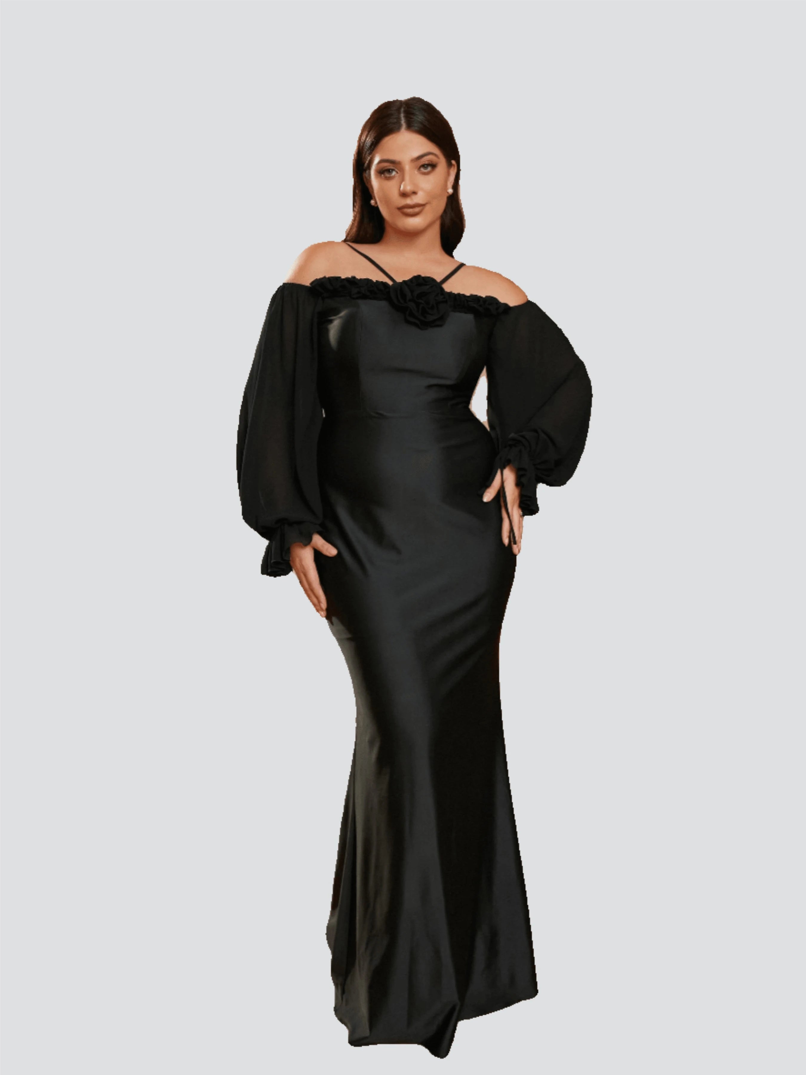 Elegant Mermaid Off-Shoulder Long Sleeve Ruffled Black Floor-Length Prom Dress Women's Gown