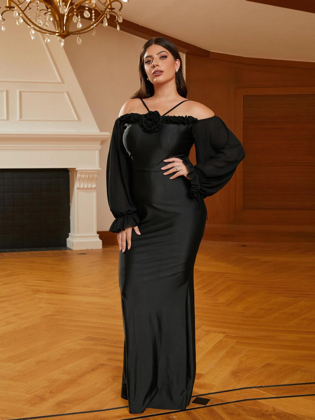 Elegant Mermaid Off-Shoulder Long Sleeve Ruffled Black Floor-Length Prom Dress Women's Gown