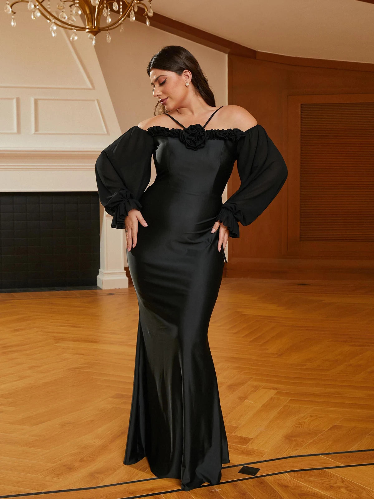 Elegant Mermaid Off-Shoulder Long Sleeve Ruffled Black Floor-Length Prom Dress Women's Gown