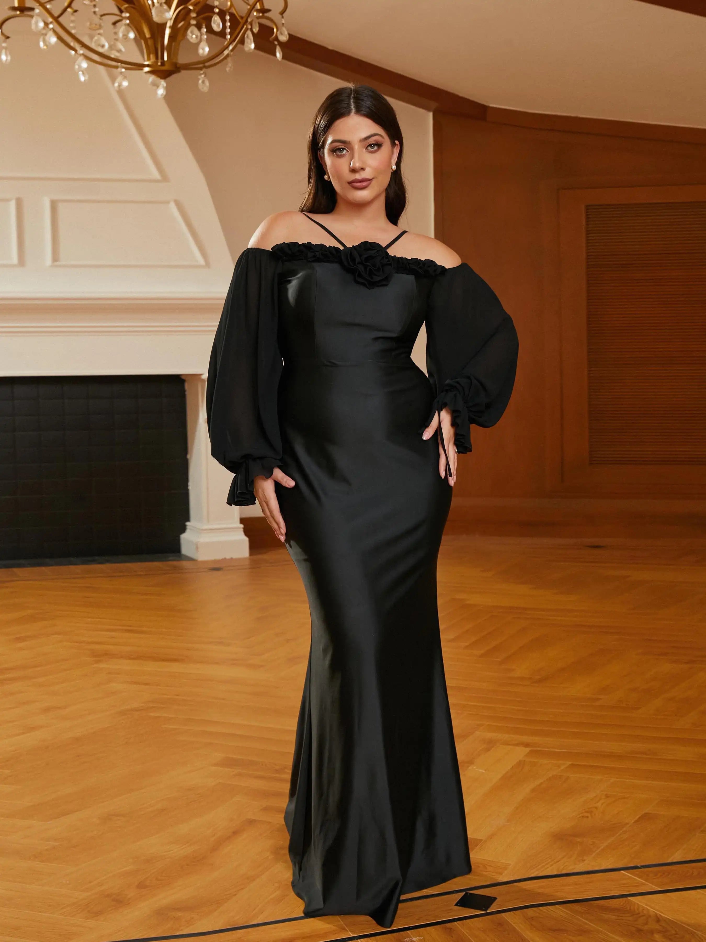 Elegant Mermaid Off-Shoulder Long Sleeve Ruffled Black Floor-Length Prom Dress Women's Gown