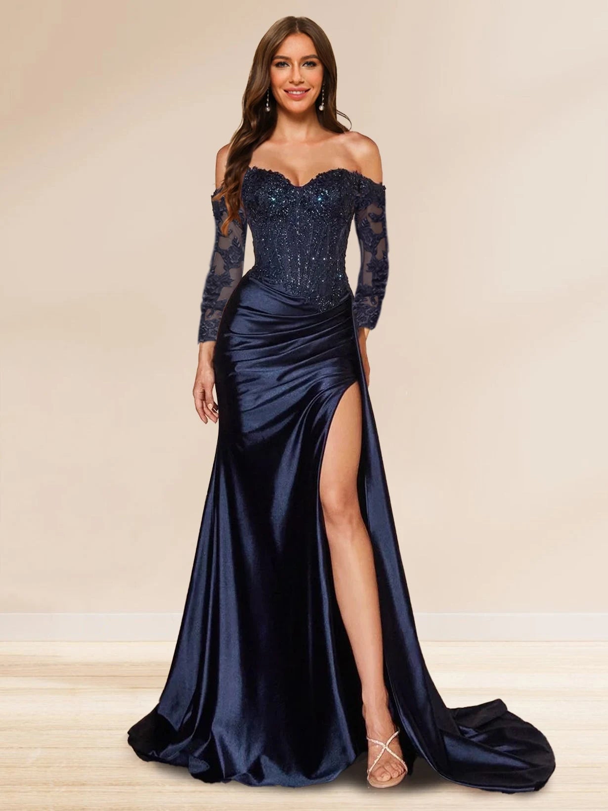 Elegant Mermaid Off-Shoulder Long Sleeve Sparkly Navy Blue Slit Prom Dress for Women