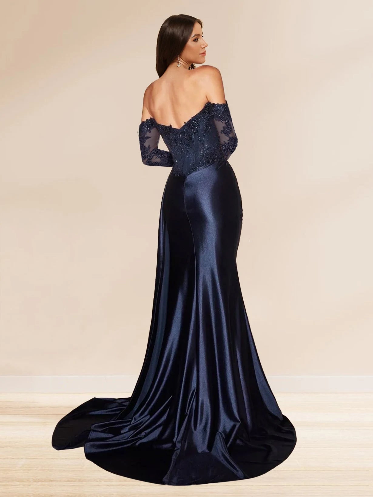 Elegant Mermaid Off-Shoulder Long Sleeve Sparkly Navy Blue Slit Prom Dress for Women