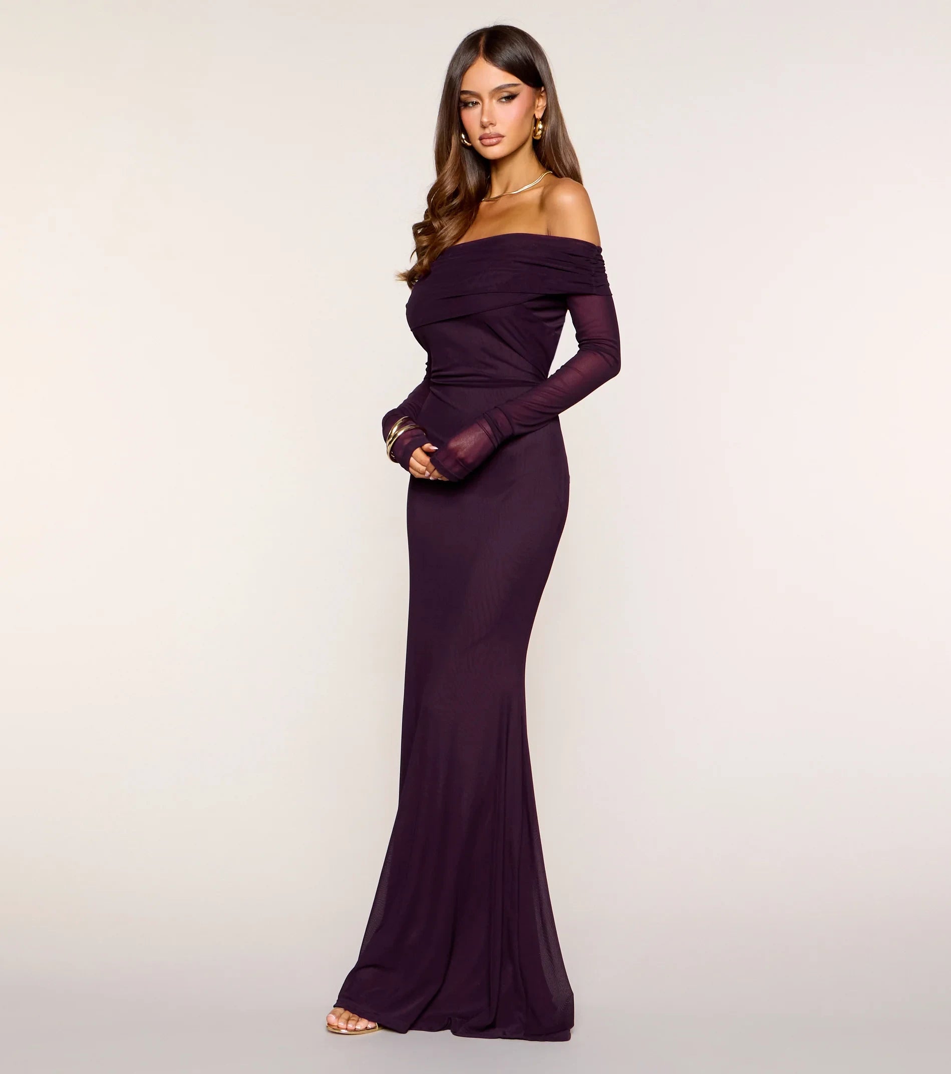 Elegant Mermaid Off-Shoulder Long Sleeves Ruched Plum Floor-Length Prom Dress Women's Gown