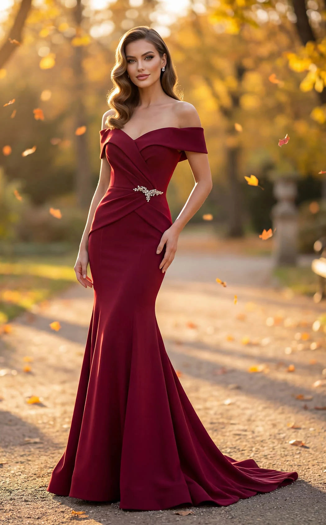 Elegant Mermaid Off-Shoulder Ruched Embellished Burgundy Floor-Length Prom Dresses Women's Gown