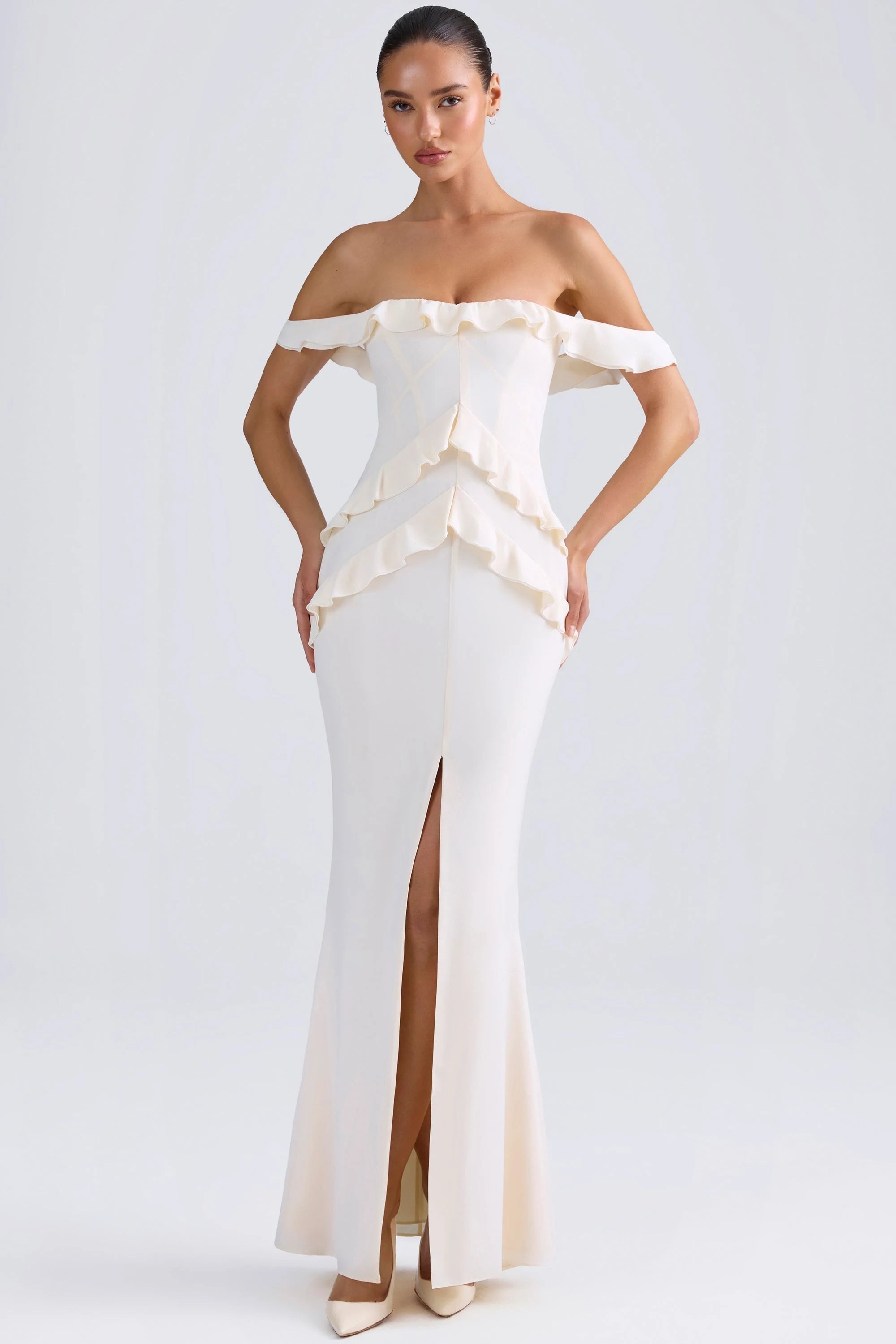 Elegant Mermaid Off-Shoulder Ruffled Chic Slit Ivory Floor-Length Prom Gown