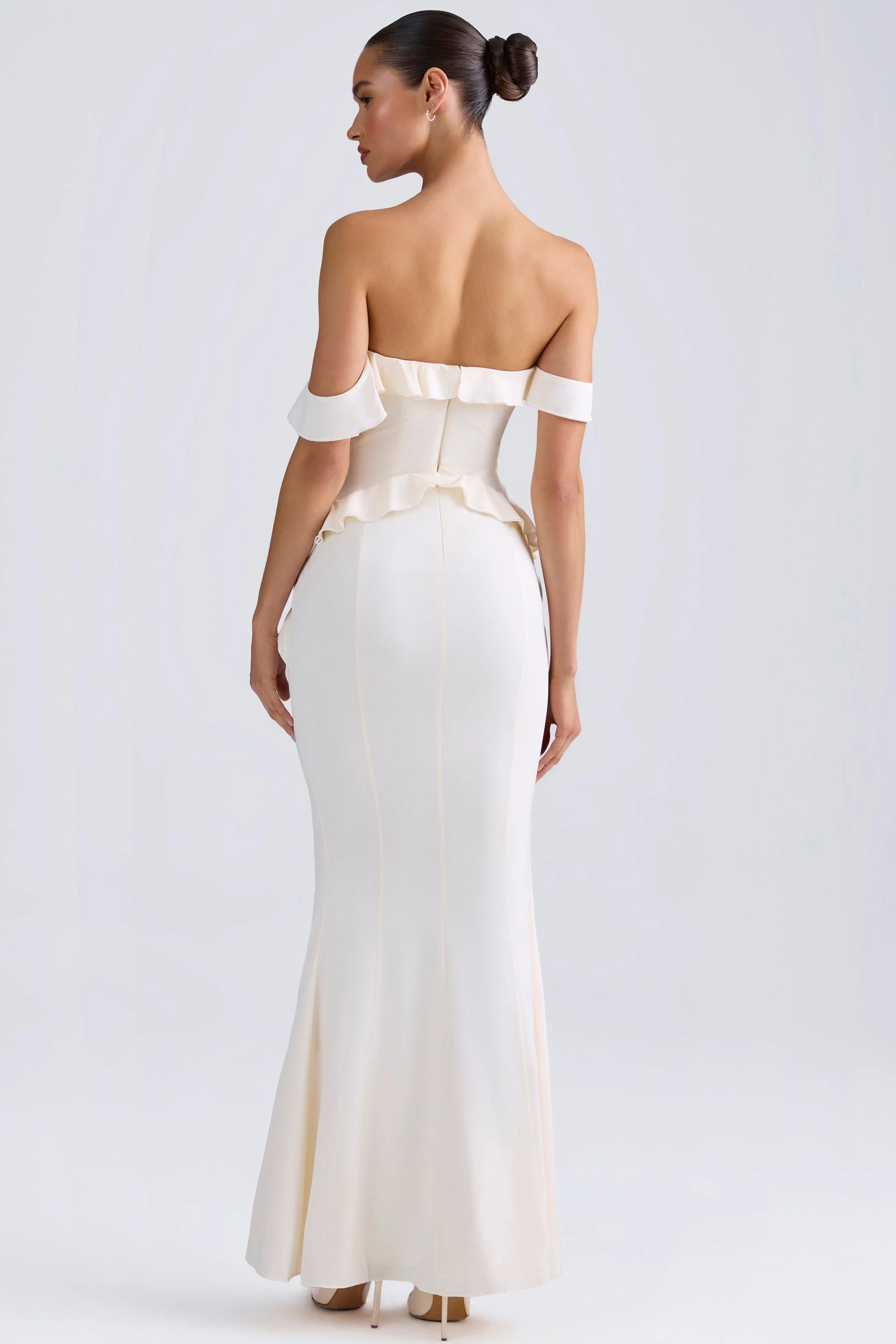 Elegant Mermaid Off-Shoulder Ruffled Chic Slit Ivory Floor-Length Prom Gown