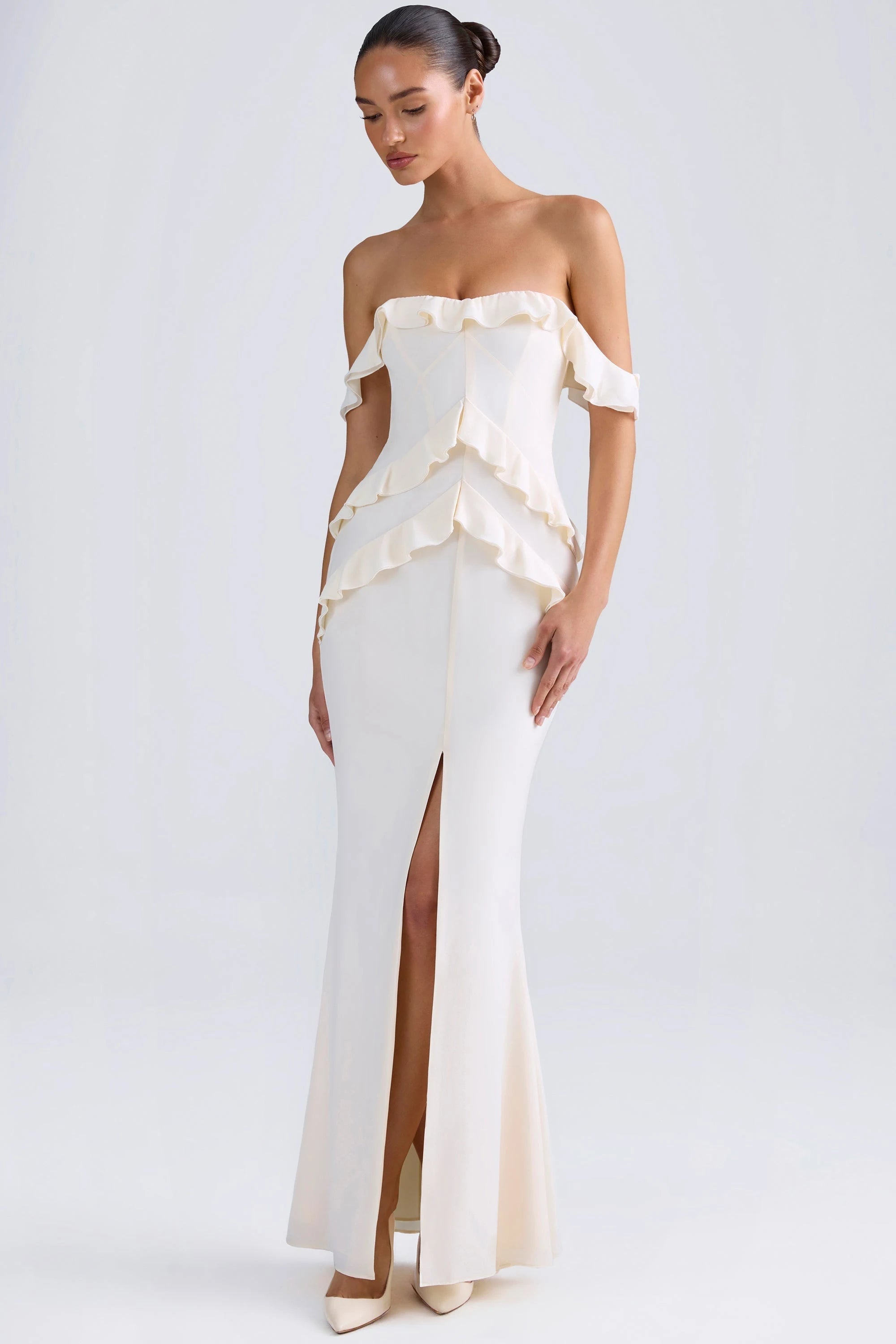 Elegant Mermaid Off-Shoulder Ruffled Chic Slit Ivory Floor-Length Prom Gown