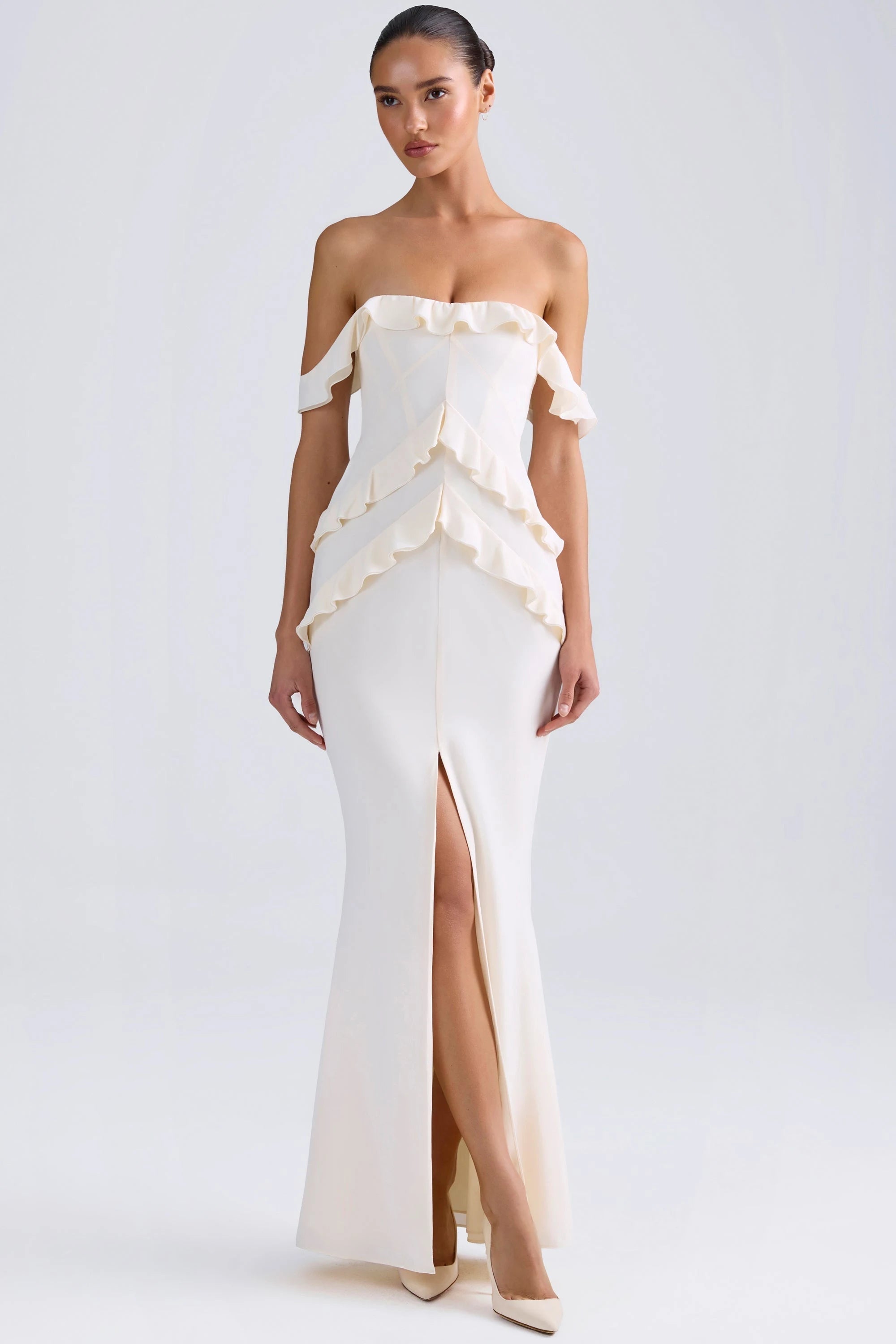 Elegant Mermaid Off-Shoulder Ruffled Chic Slit Ivory Floor-Length Prom Gown