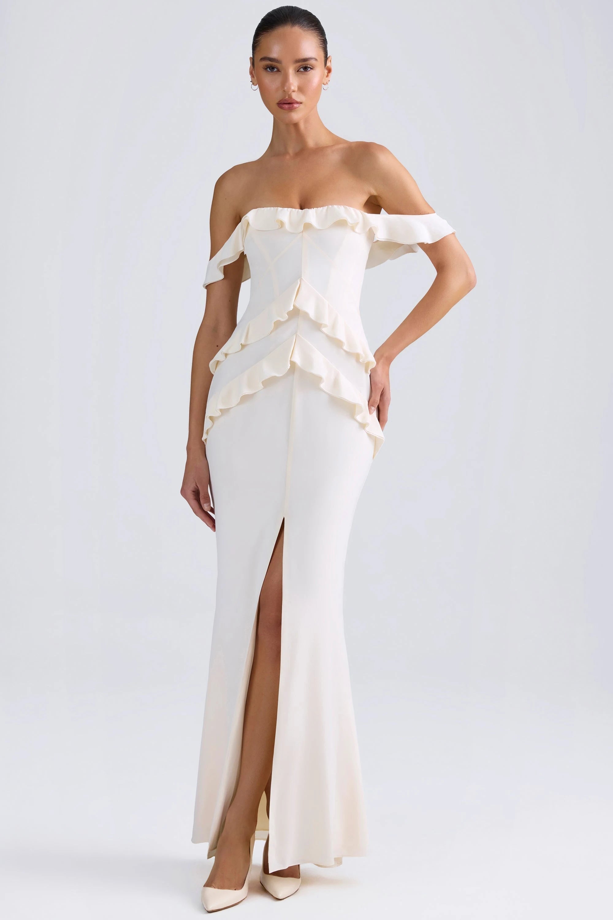 Elegant Mermaid Off-Shoulder Ruffled Chic Slit Ivory Floor-Length Prom Gown