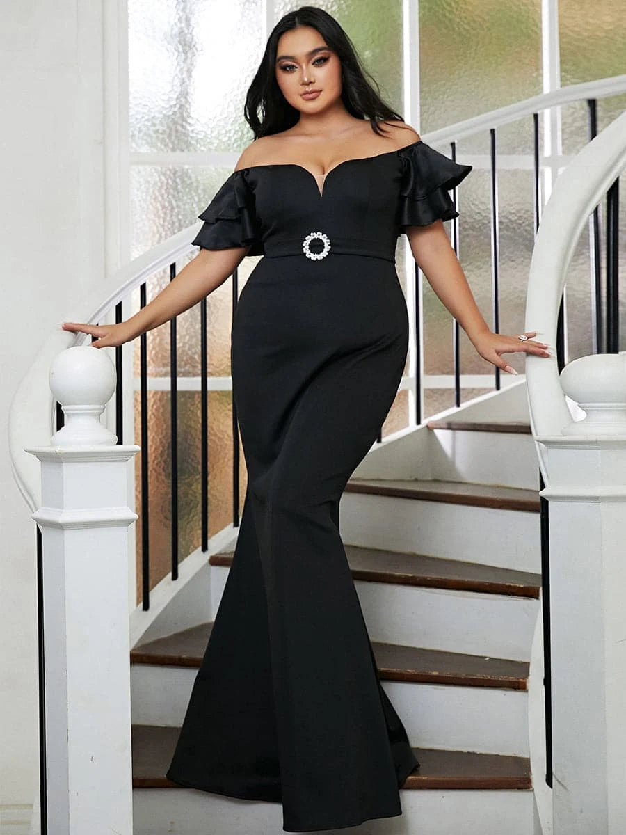 Elegant Mermaid Off-Shoulder Ruffled Fitted Black Floor-Length Prom Dress Women's Gown