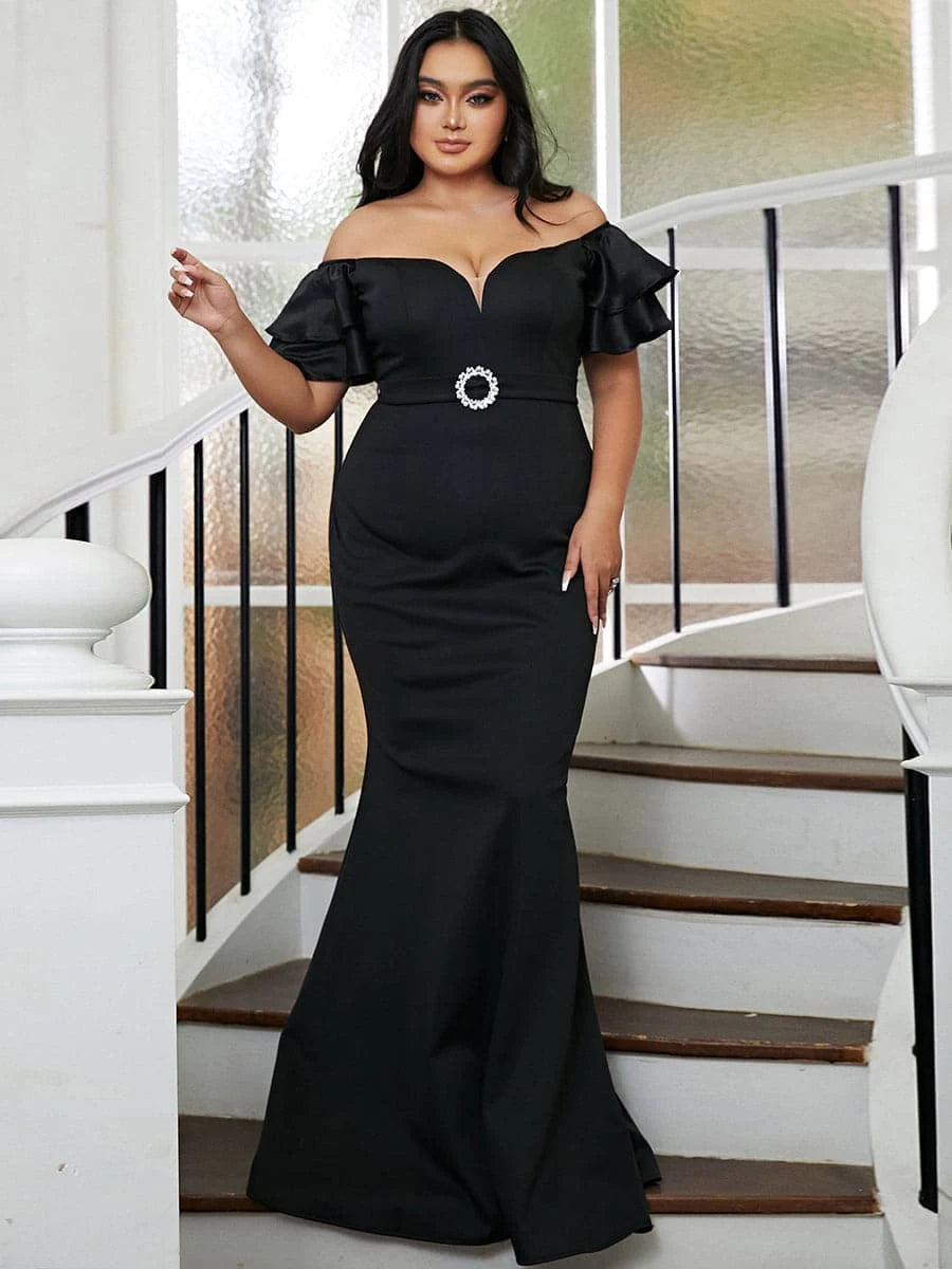 Elegant Mermaid Off-Shoulder Ruffled Fitted Black Floor-Length Prom Dress Women's Gown