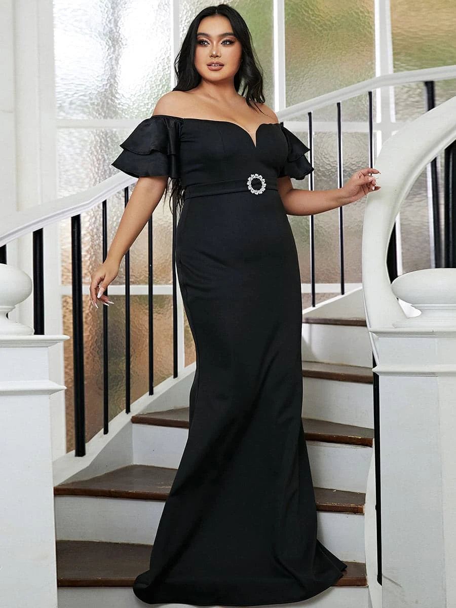 Elegant Mermaid Off-Shoulder Ruffled Fitted Black Floor-Length Prom Dress Women's Gown