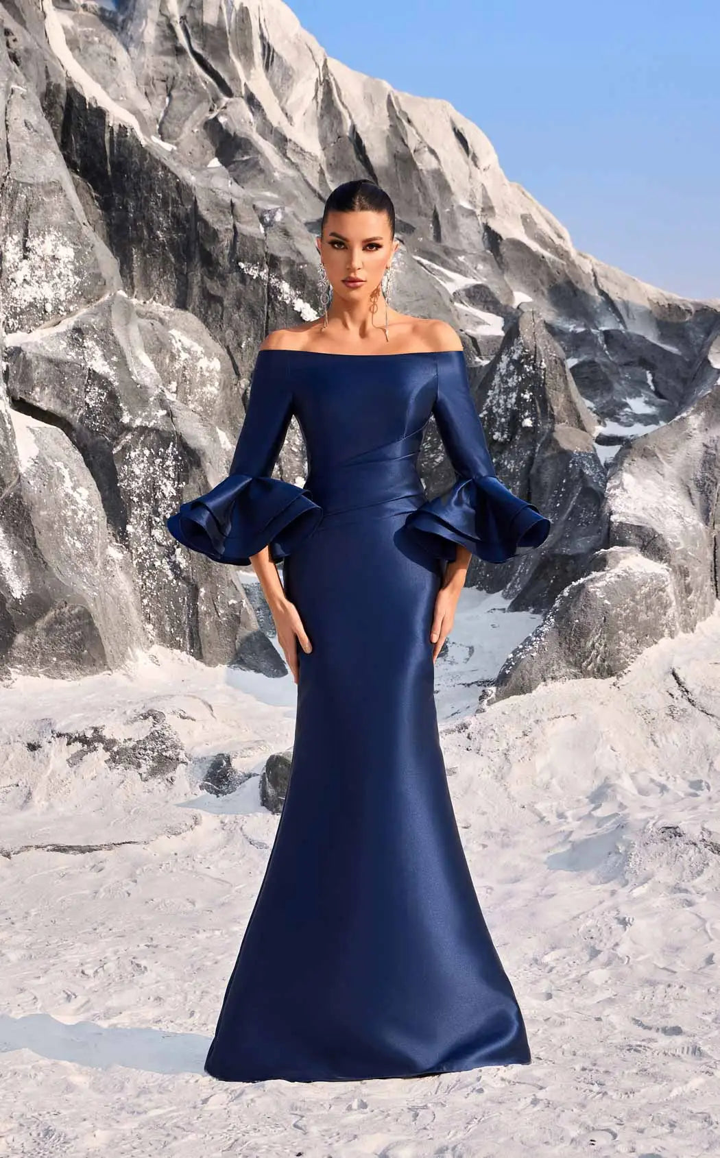 Elegant Mermaid Off-Shoulder Ruffled Long Sleeves Navy Blue Floor-Length Prom Dress Gown