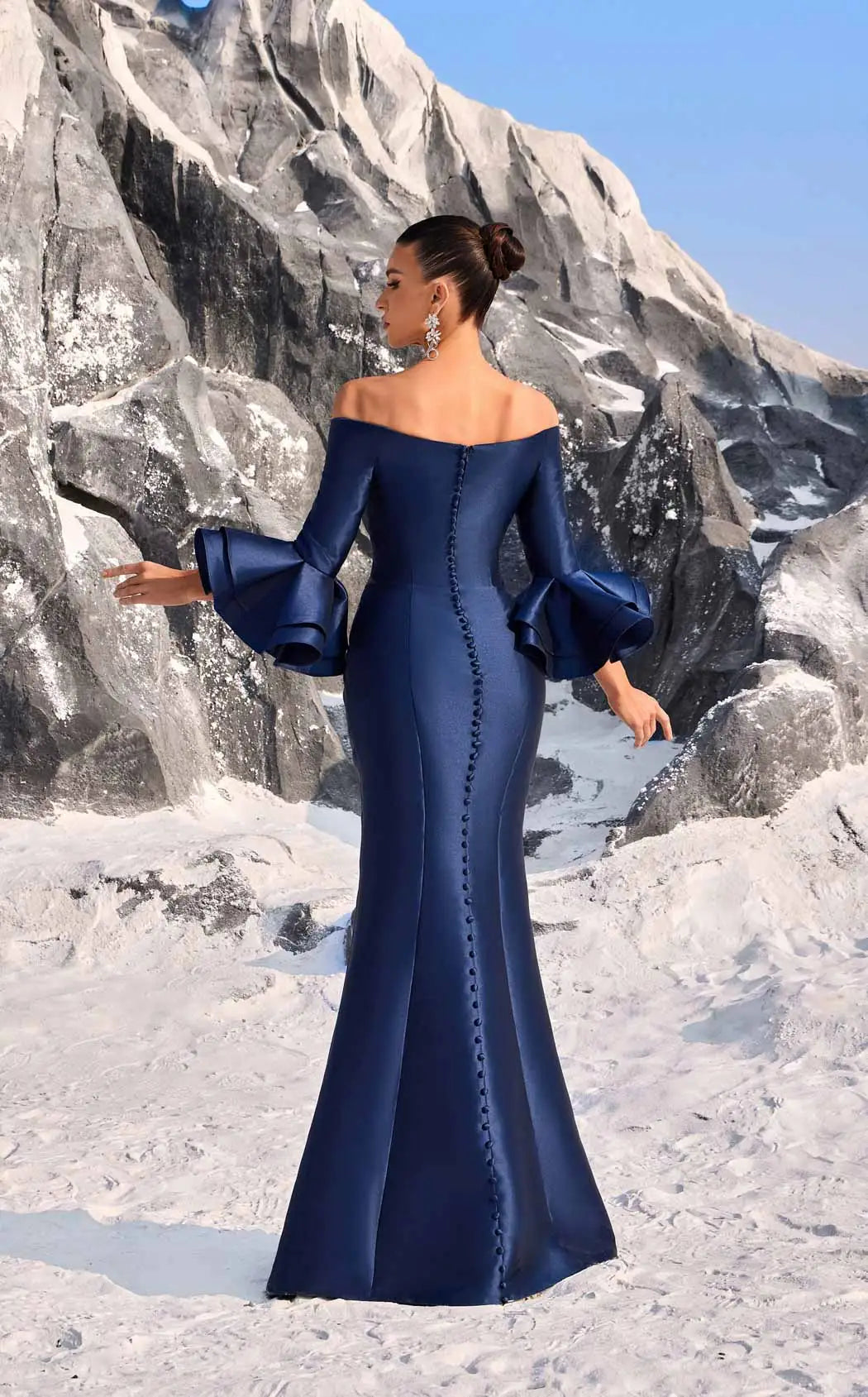 Elegant Mermaid Off-Shoulder Ruffled Long Sleeves Navy Blue Floor-Length Prom Dress Gown