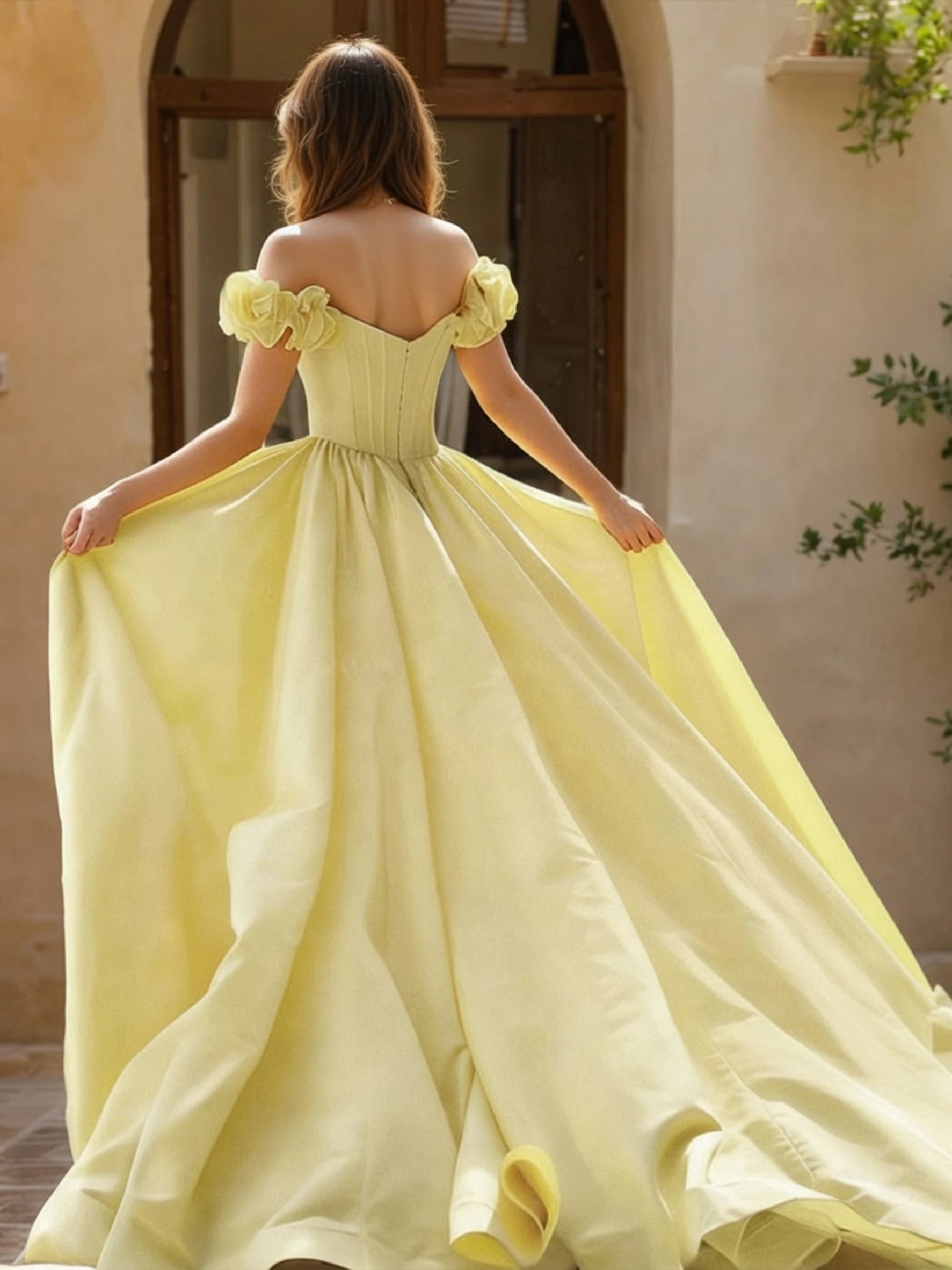 Elegant Mermaid Off-Shoulder Ruffled Sleeves Fairytale Pastel Yellow Floor-Length Prom Dress
