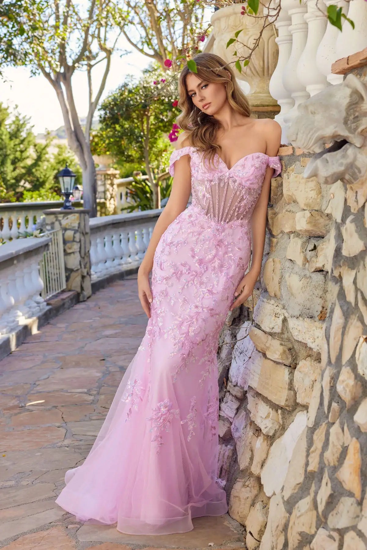 Elegant Mermaid Off-Shoulder Sequin Floral Pink Floor-Length Prom Dress