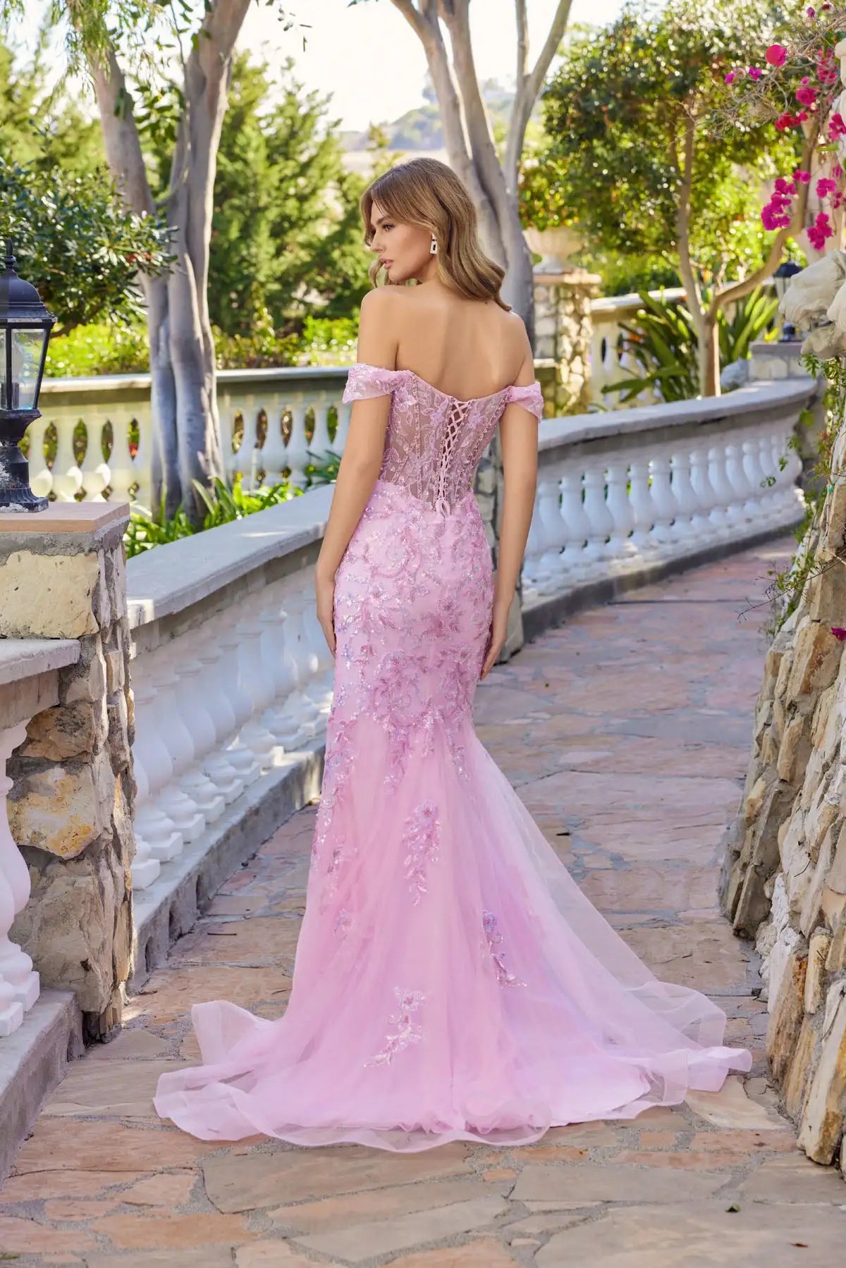 Elegant Mermaid Off-Shoulder Sequin Floral Pink Floor-Length Prom Dress