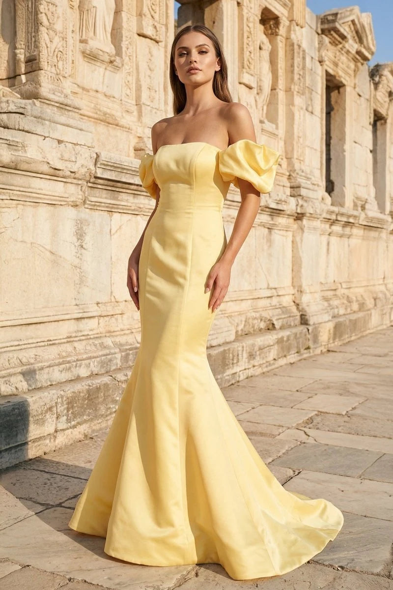 Elegant Mermaid Off-Shoulder Short-Sleeve Corset Backless Yellow Long Prom Dresses Women