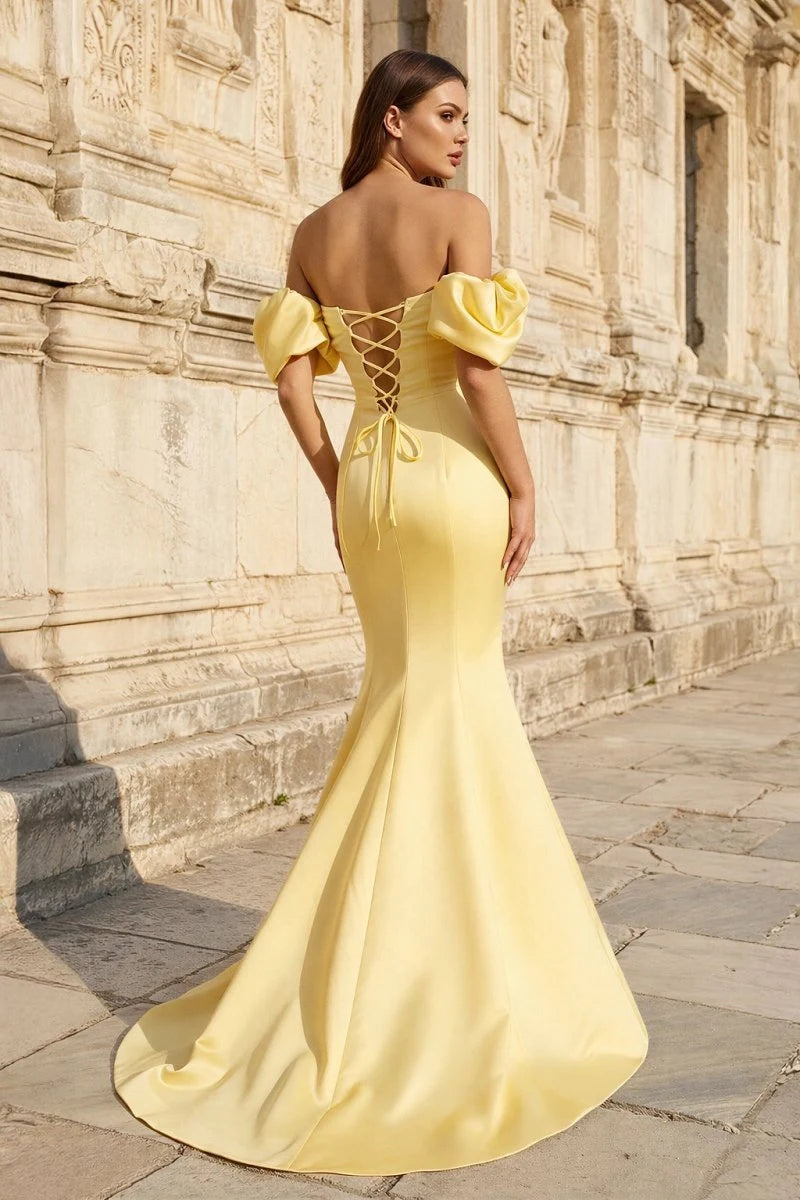 Elegant Mermaid Off-Shoulder Short-Sleeve Corset Backless Yellow Long Prom Dresses Women