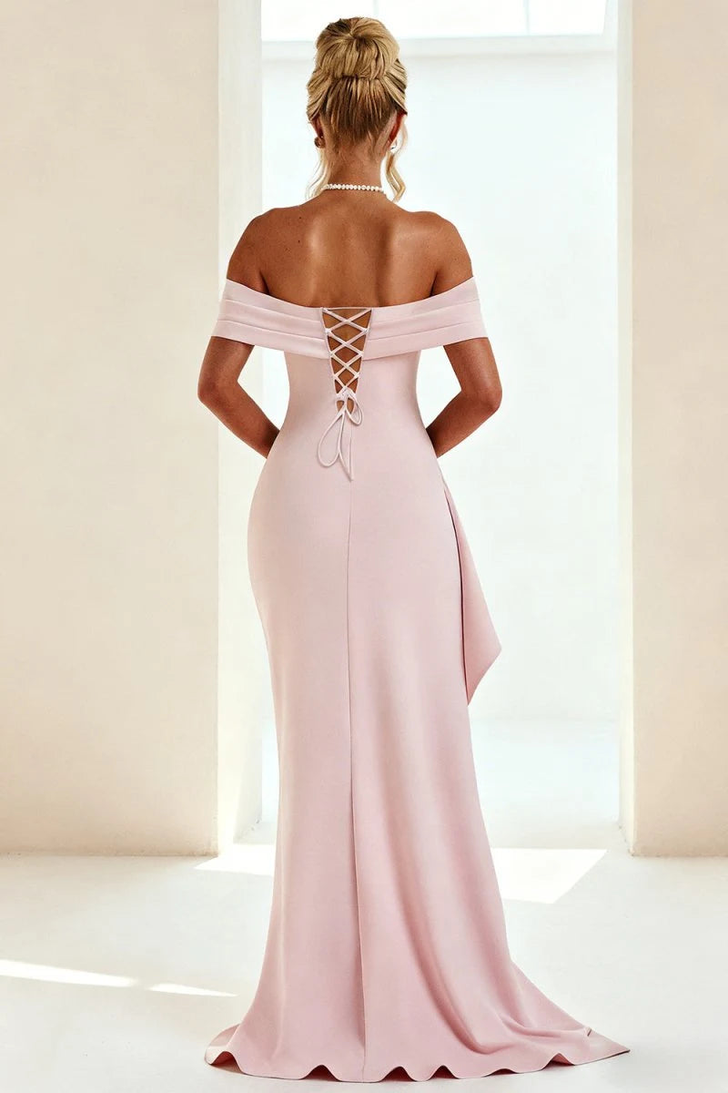 Elegant Mermaid Off-Shoulder Sleeveless Ruched Slit Pink Maxi Prom Dresses Gown