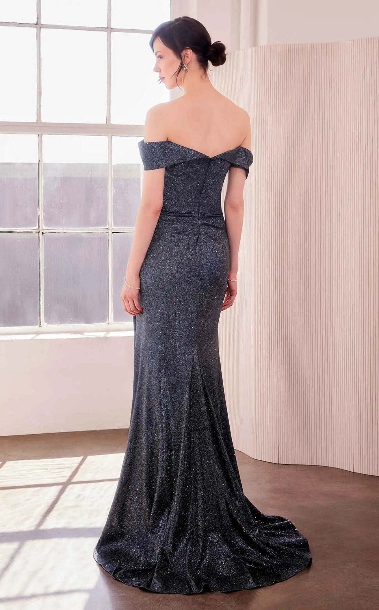 Elegant Mermaid Off-Shoulder Sweetheart Draped Glitter Navy Floor-Length Prom Gown